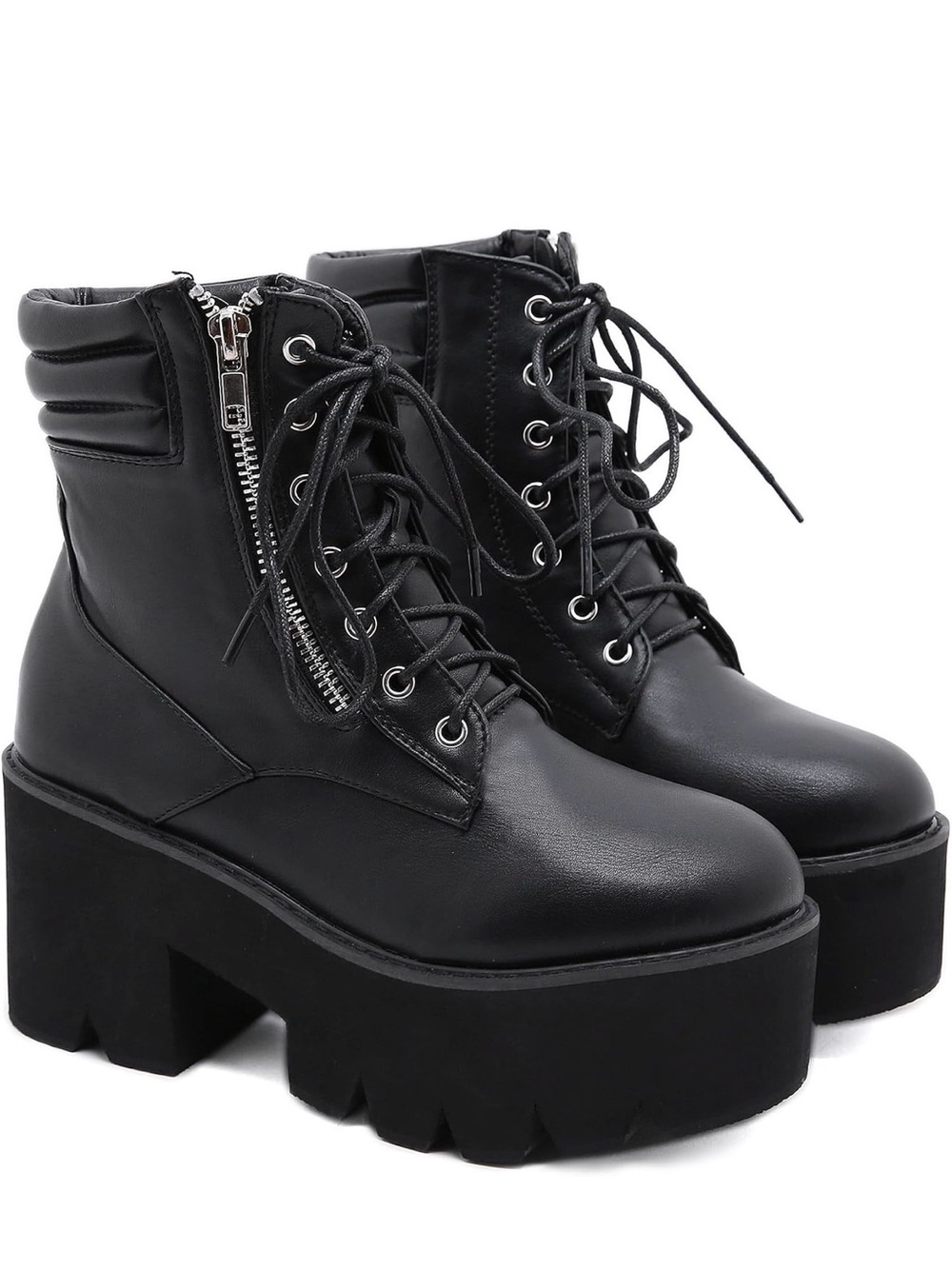 Black Platform Lace-Up Combat Boots with Side Zip - Women